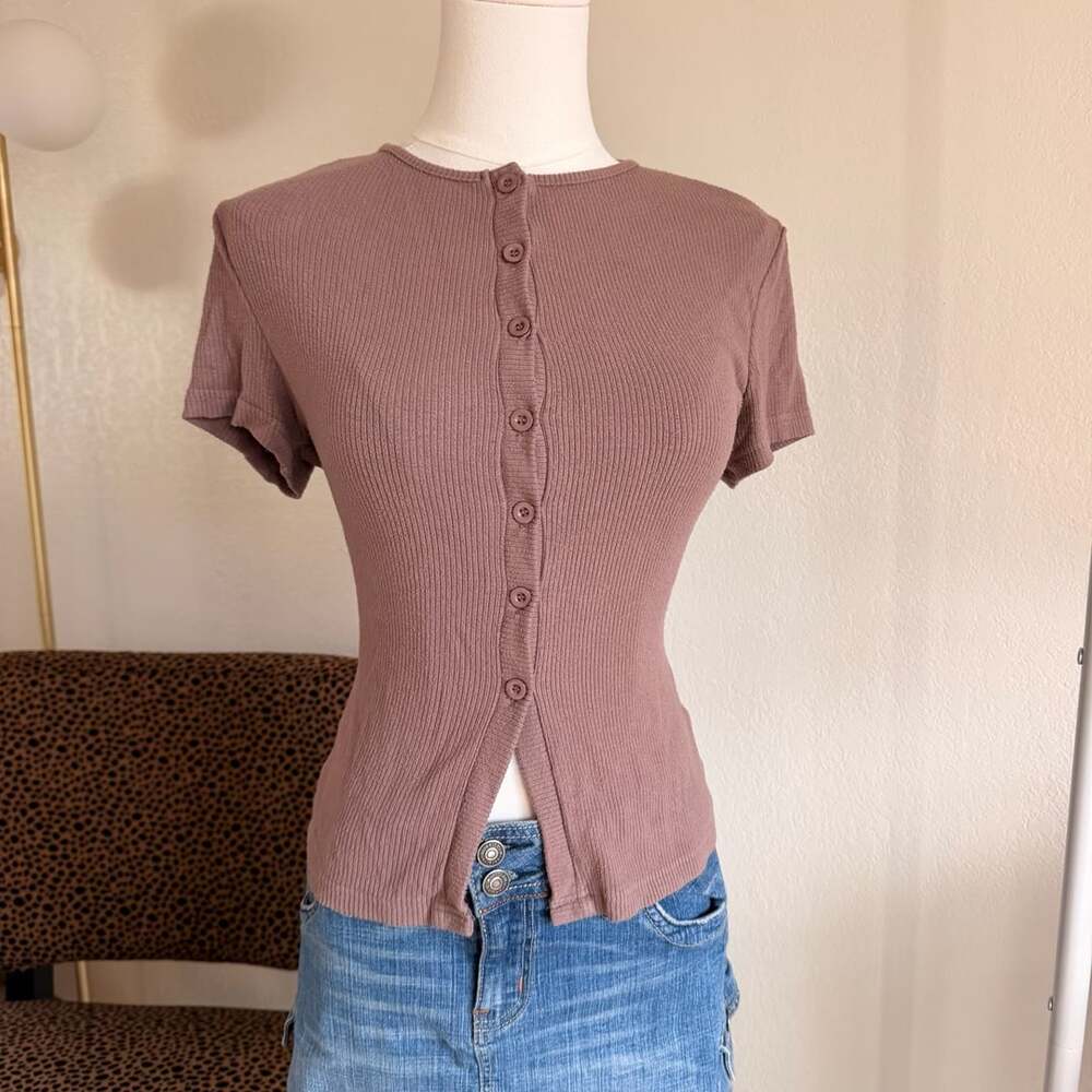 Musera Short Sleeve Button Up Top Size S Brown Ribbed Knit Cardigan